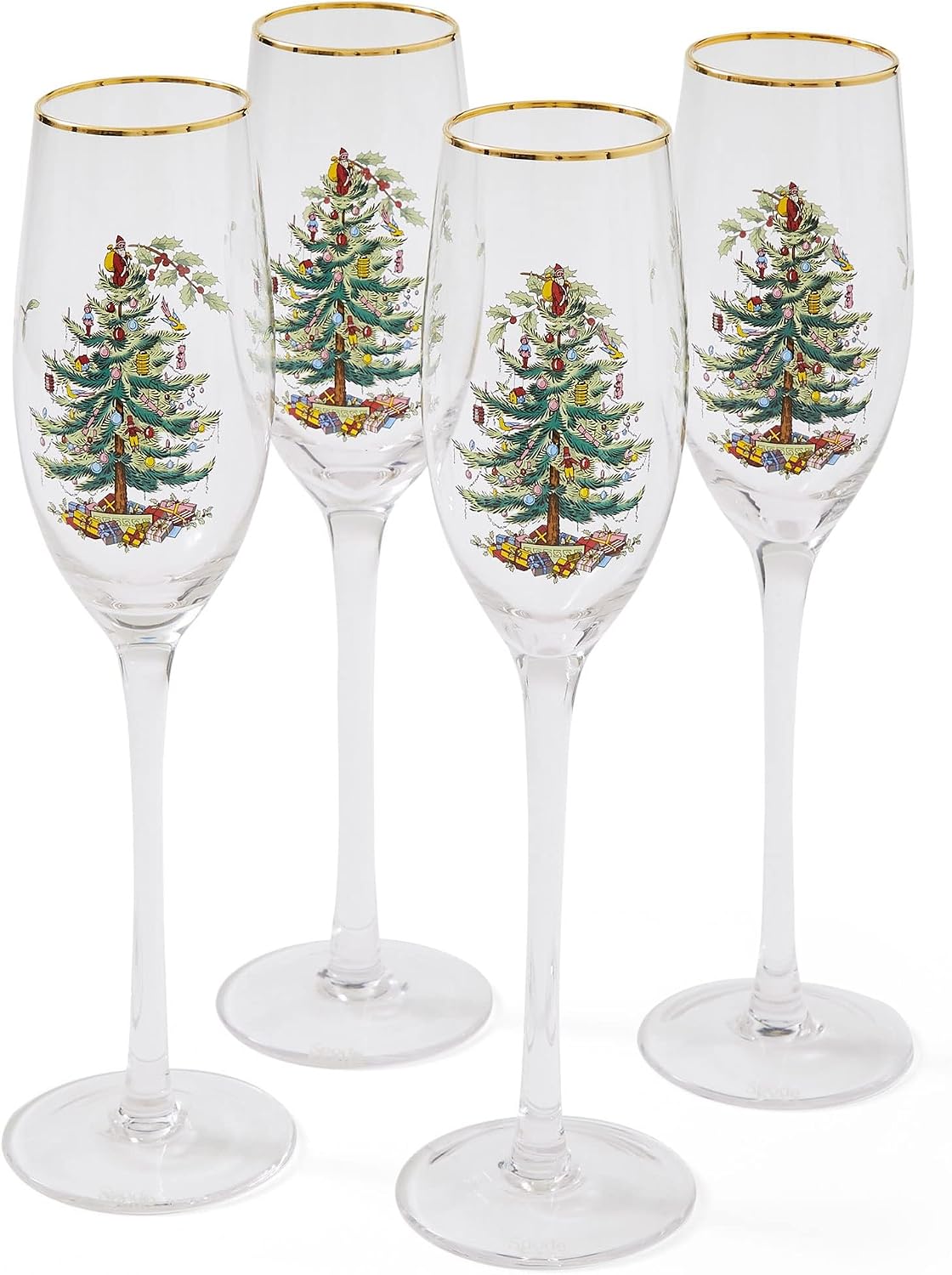 Spode Christmas Tree Gold 8.5oz Champagne Flutes, Set of 4