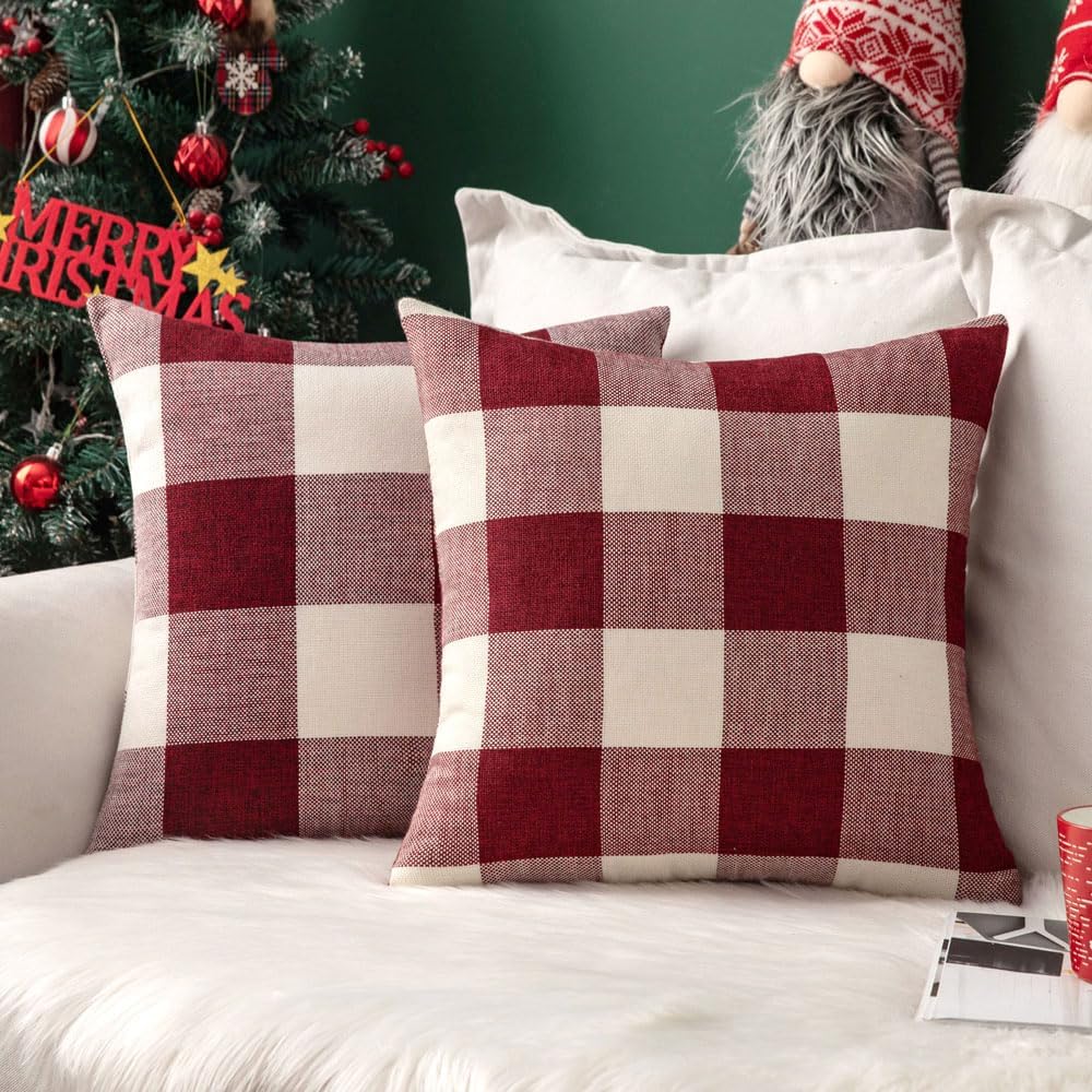 Pack of 2 Christmas Buffalo Check Throw Pillow Covers, 18x18", White & Red