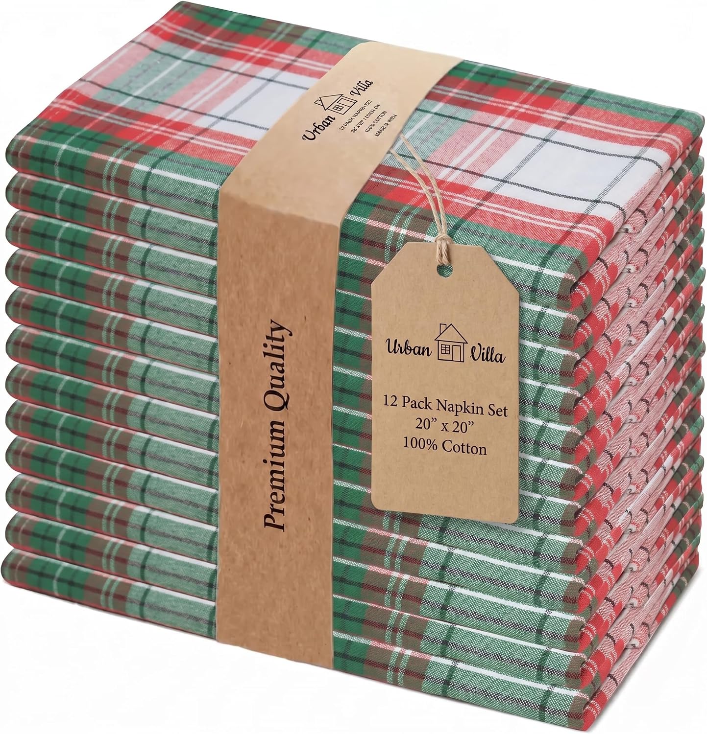 Urban Villa Cloth Napkins, Christmas Checks, 20" x 20", Set of 12