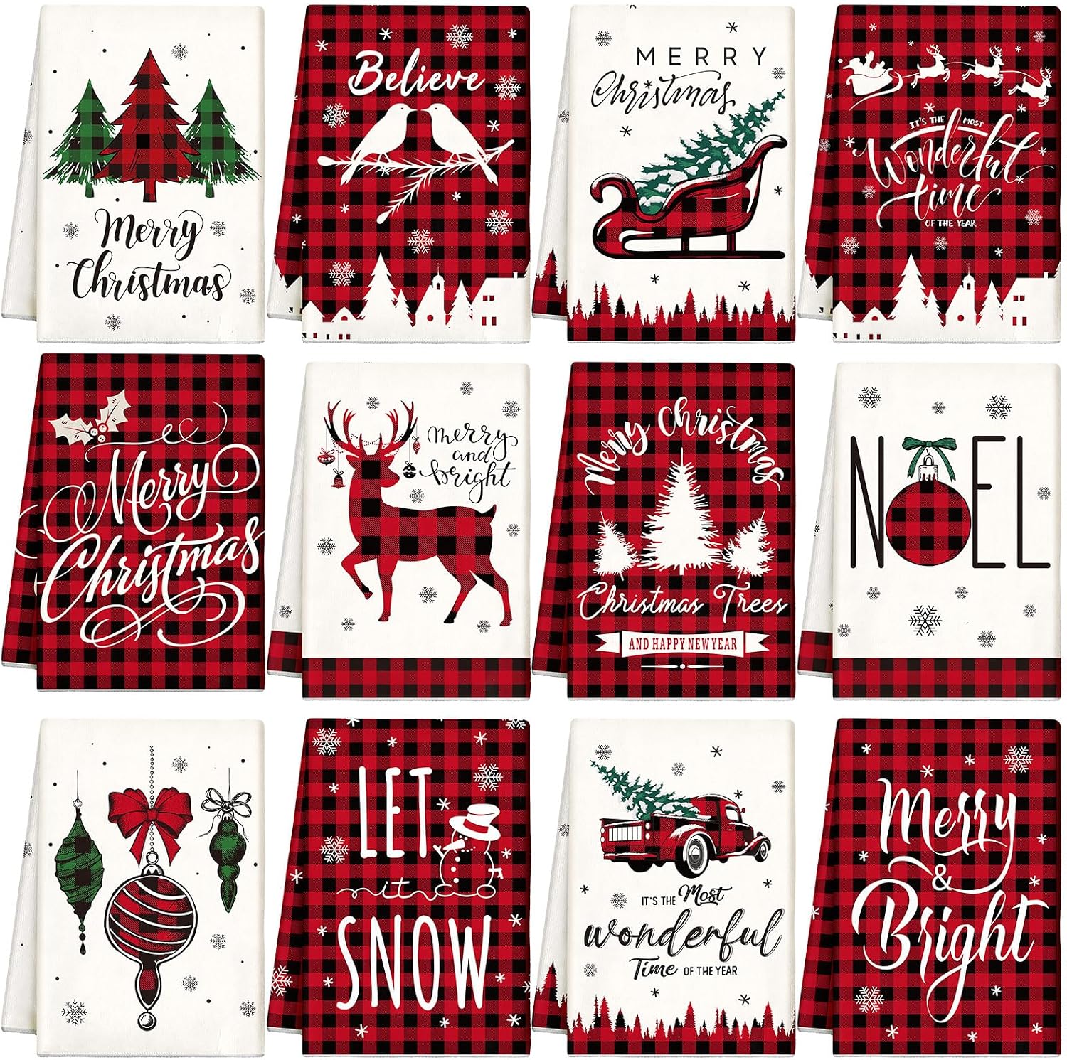 12 Pcs Christmas Kitchen Towels, Buffalo Plaid Tree & Reindeer