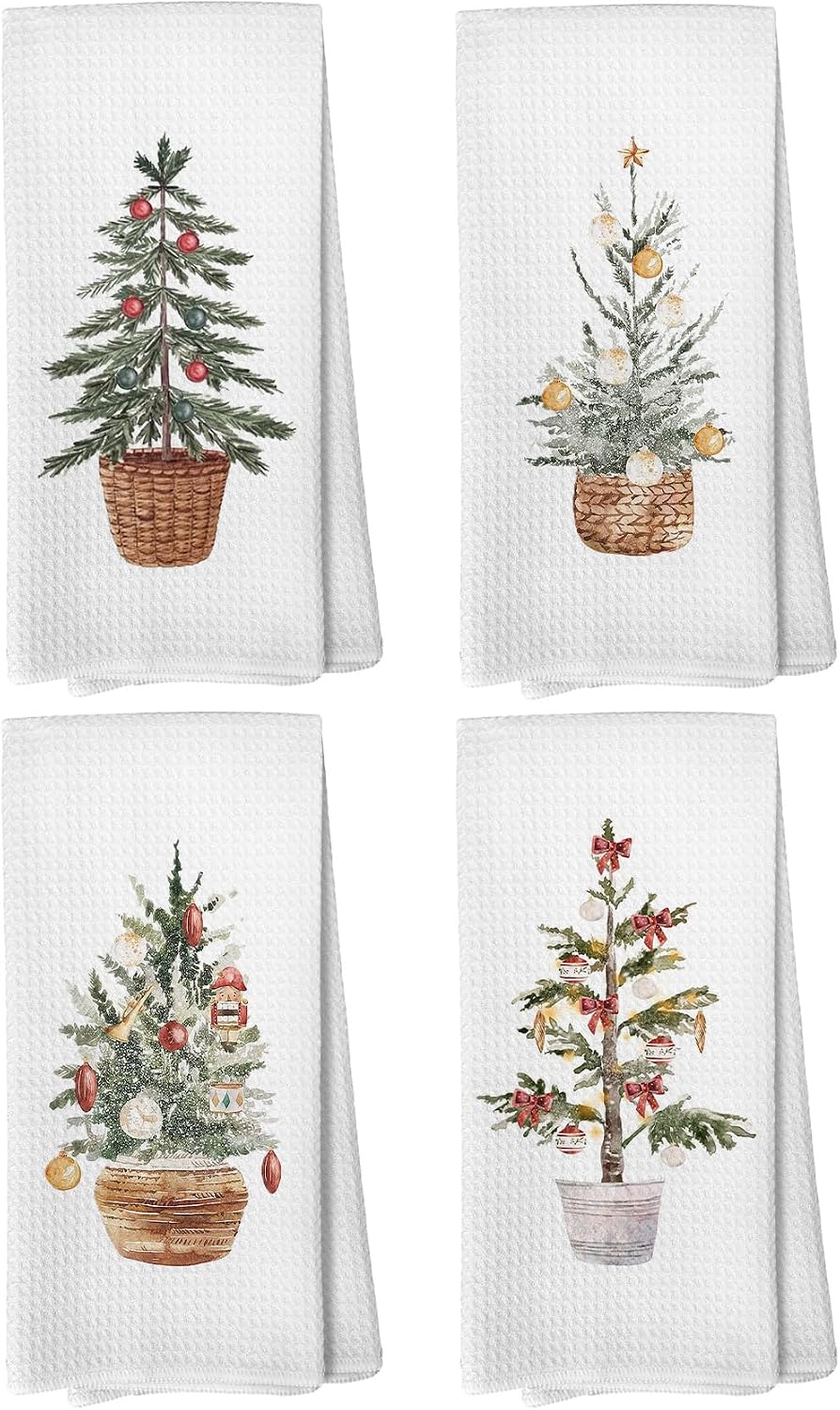 Christmas Tree Kitchen Towels, Farmhouse Xmas Decor, Set of 4