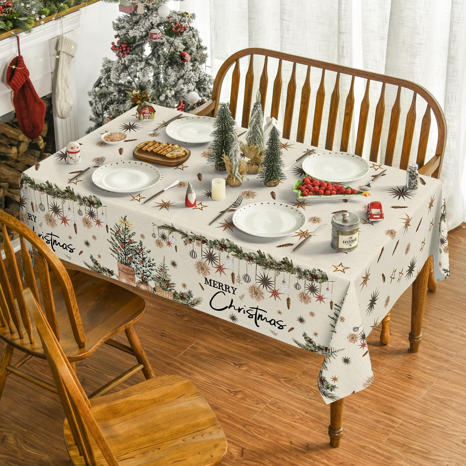 Christmas Tablecloth 60 x 84", Trees & Ball Ornaments, Washable