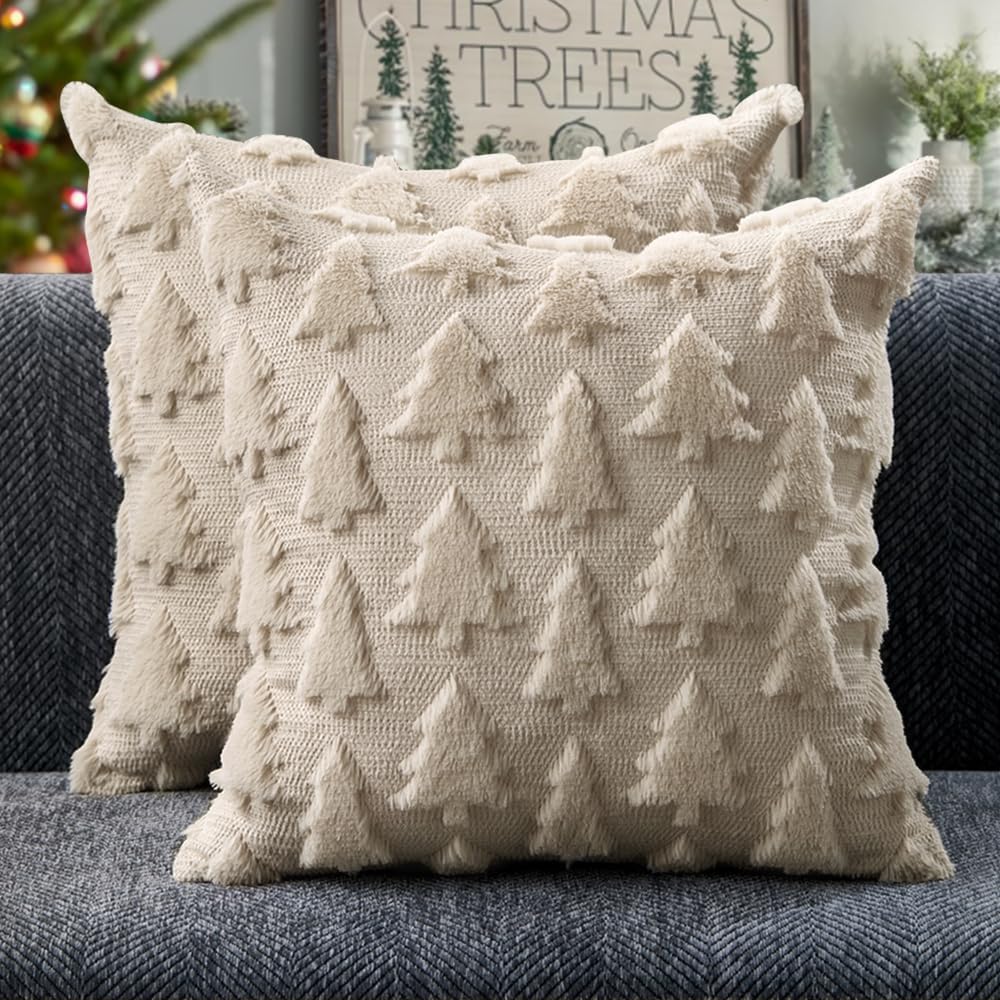 Christmas Tree Pillow Covers 18x18", Set of 2, Faux Fur Jacquard
