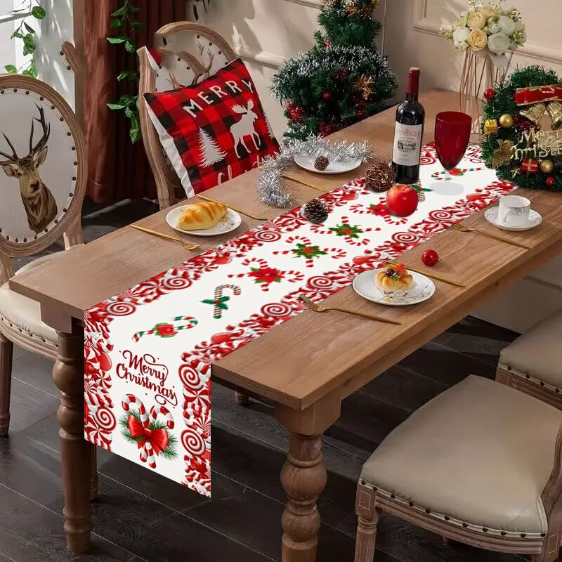 Linen Red & White Candy Cane Christmas Table Runner, 72 Inches