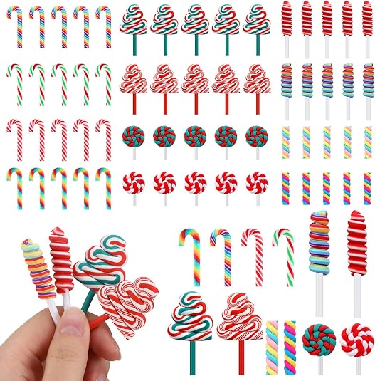 60 Pcs Mini Christmas Fake Candy Canes & Lollipop Embellishments for Crafts