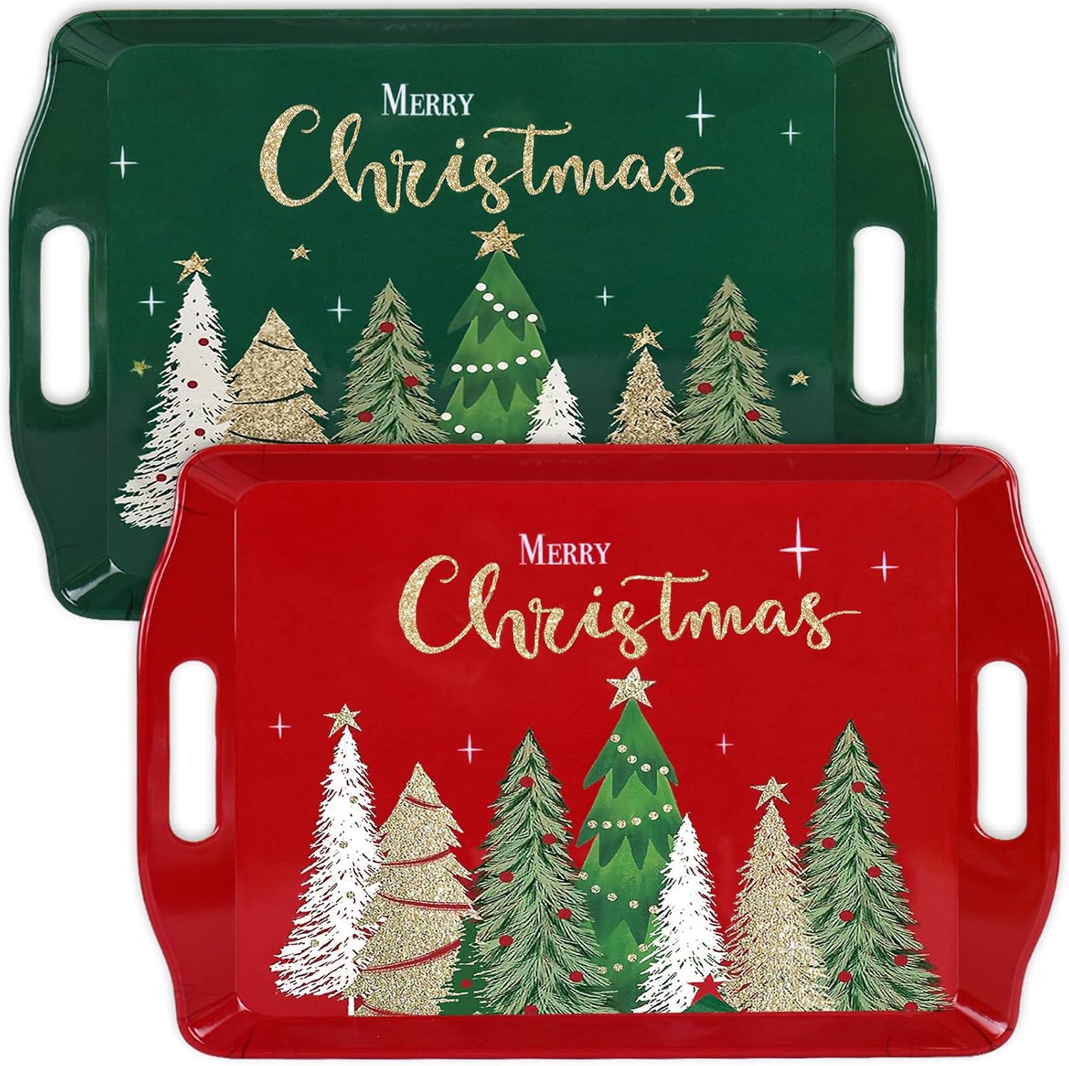 4 Pcs Merry Christmas Tree Handled Serving Tray, Melamine