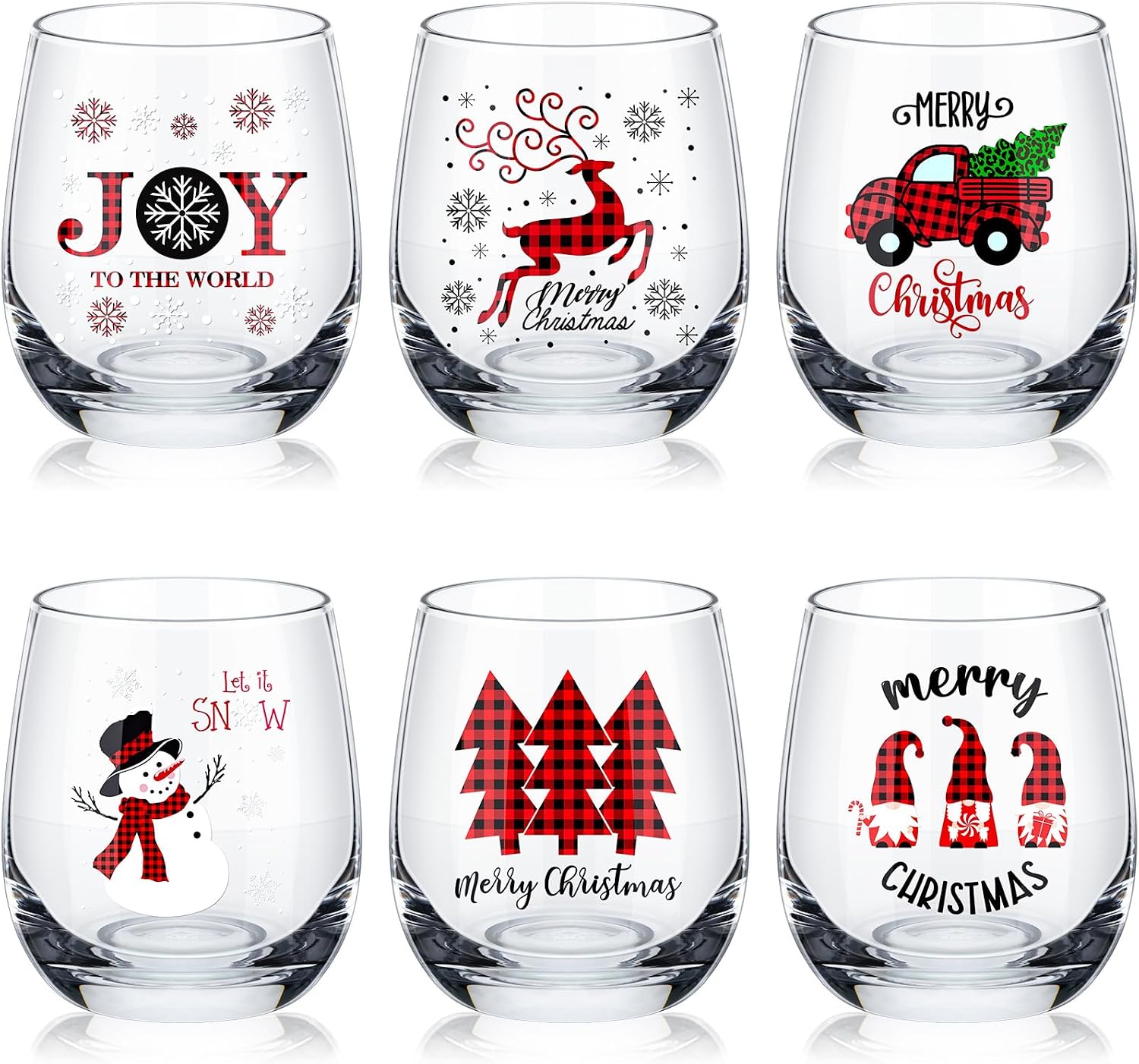 6 Pcs Christmas Wine Glasses, 12oz Buffalo Plaid Stemless