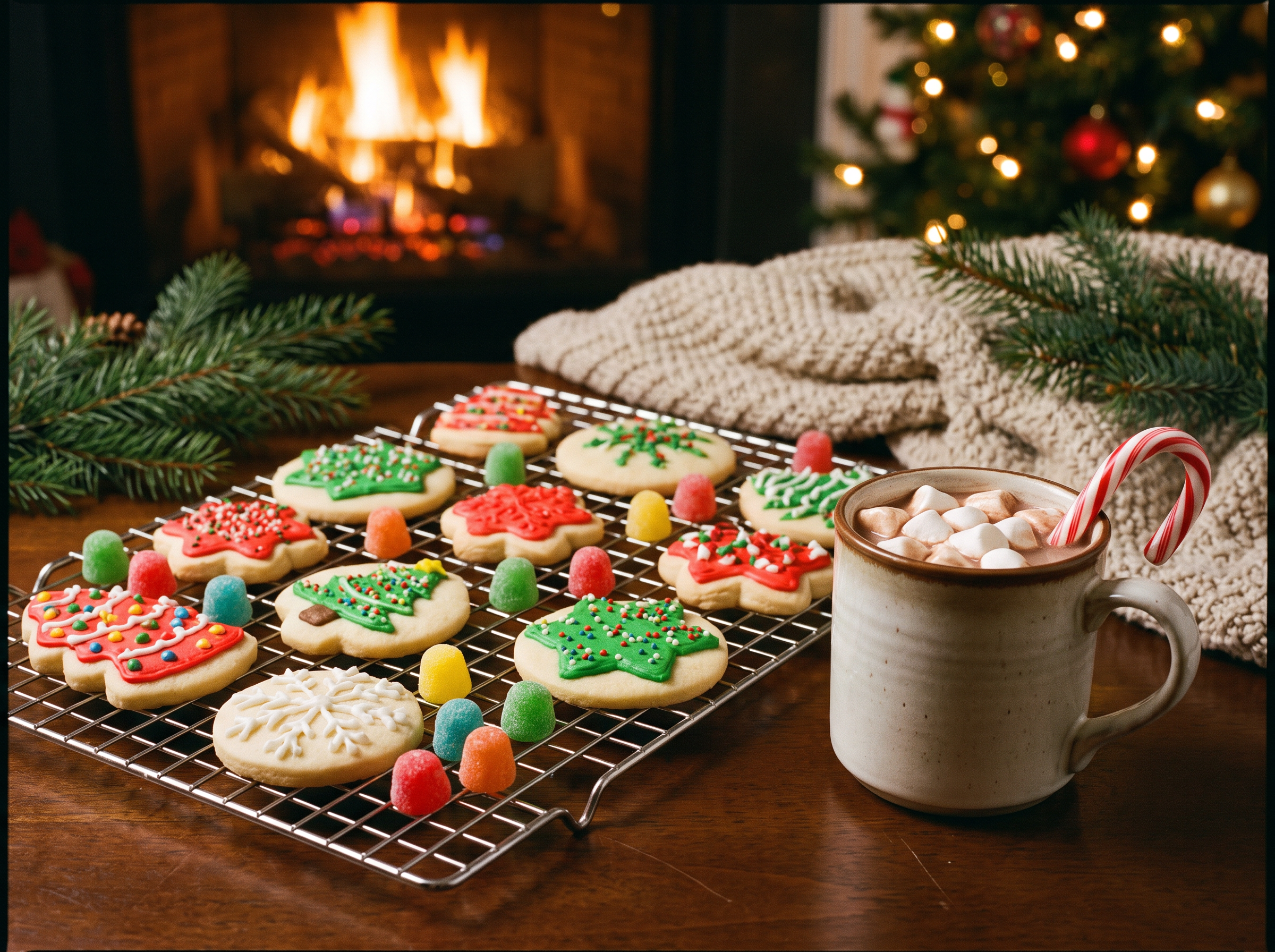 Decorated Christmas cookies and hot cocoa by a fireplace