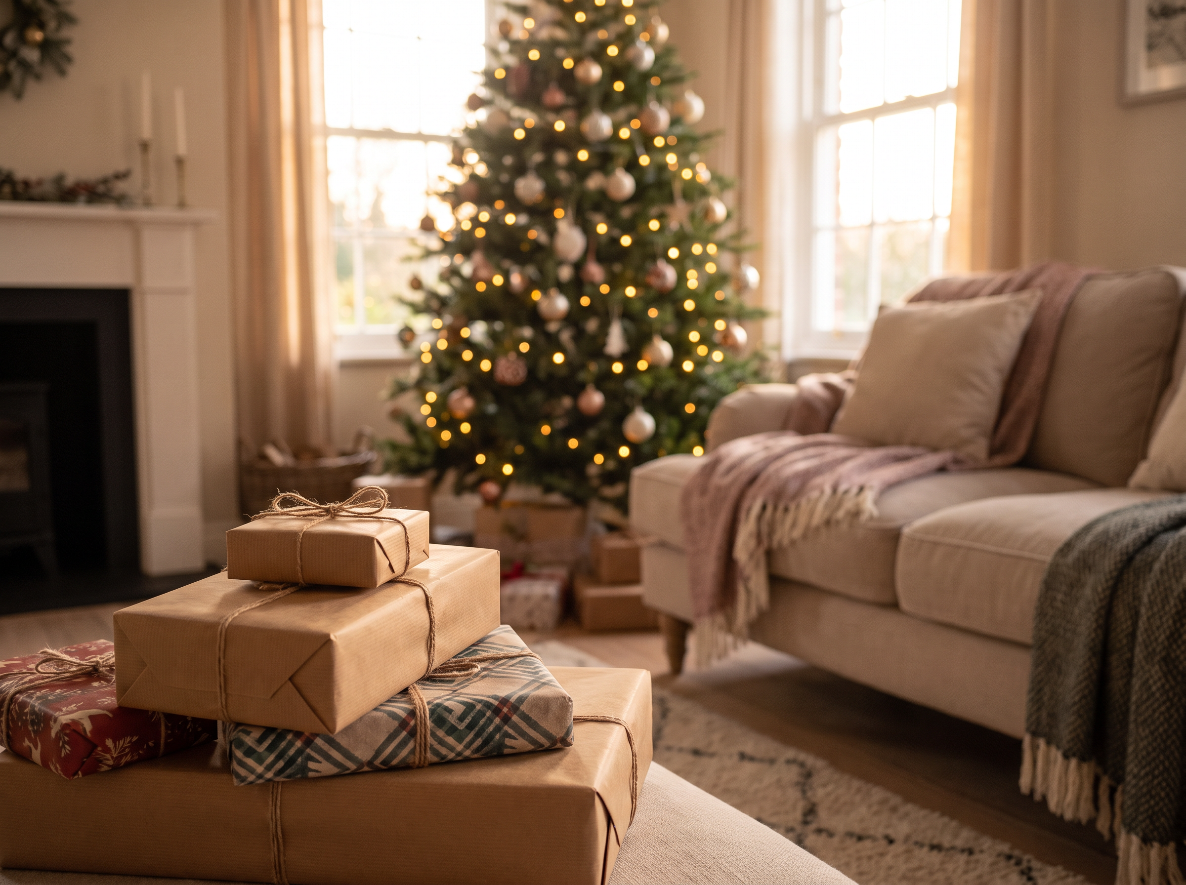 A cozy living room decorated for the holidays