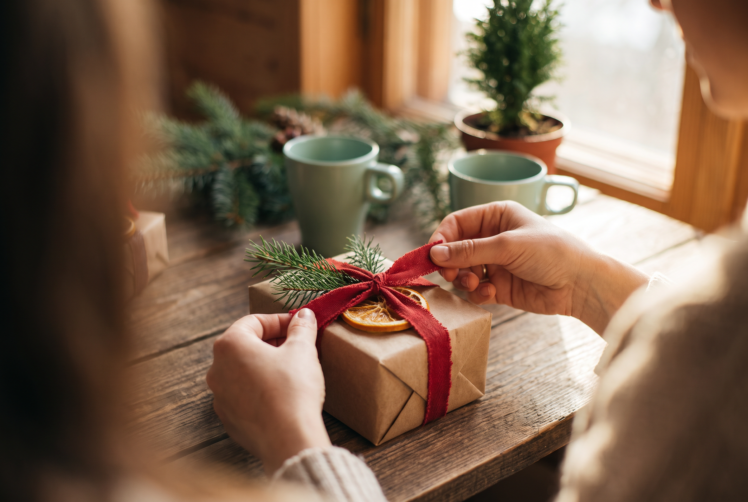Wreath-making supplies: pine boughs, ribbon and twine