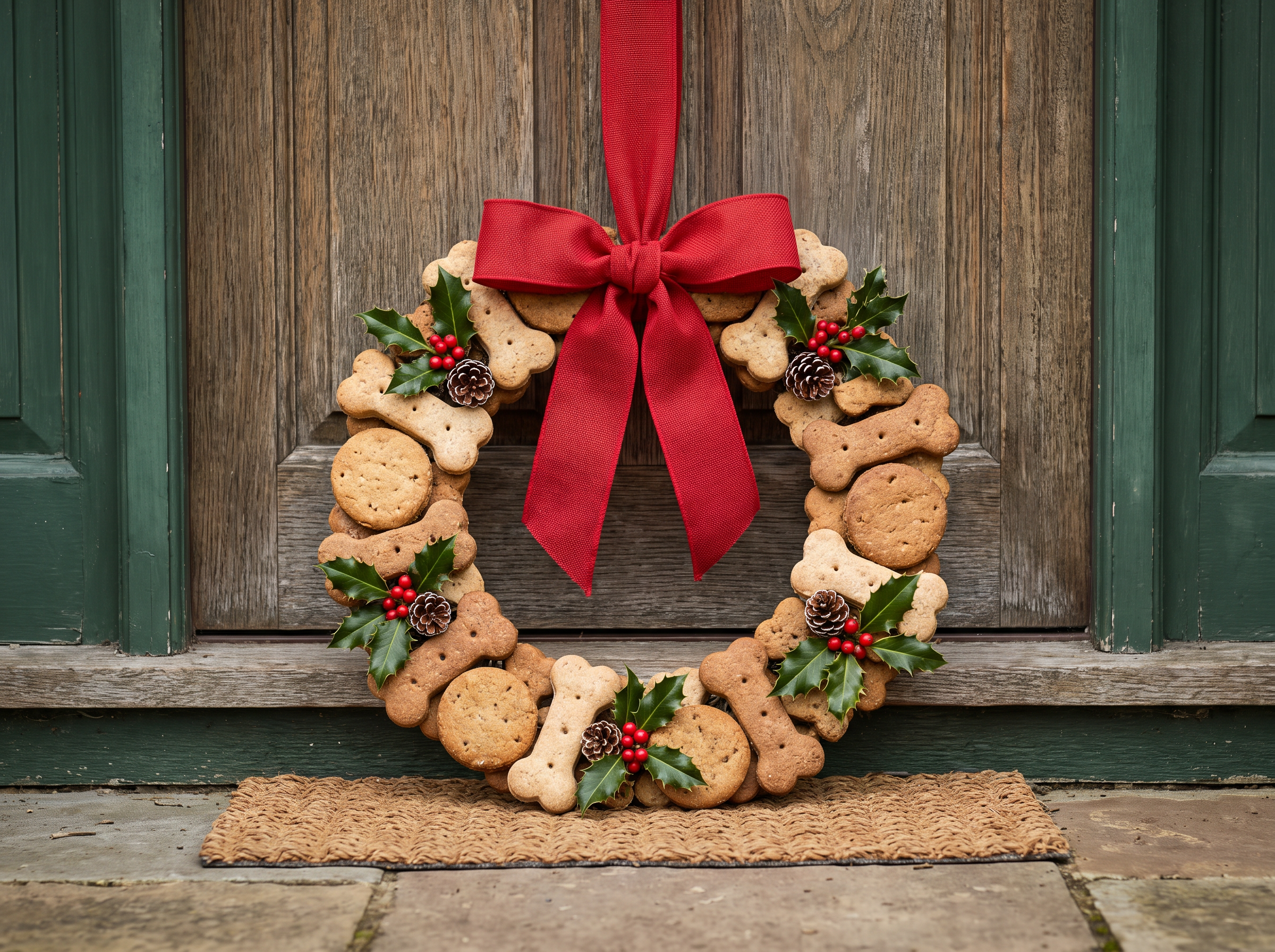 A wreath made of dog biscuits tied with a red ribbon on a door