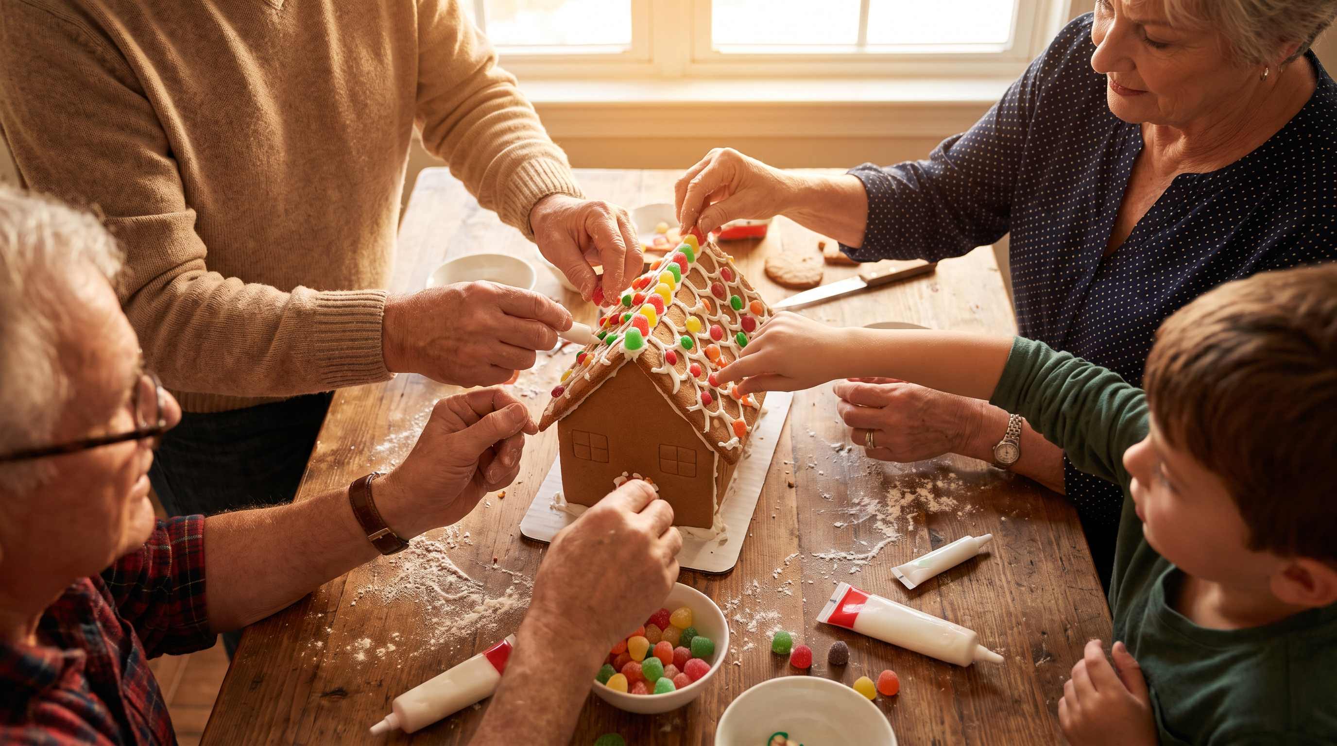 Family hands decorating a gingerbread house with candy