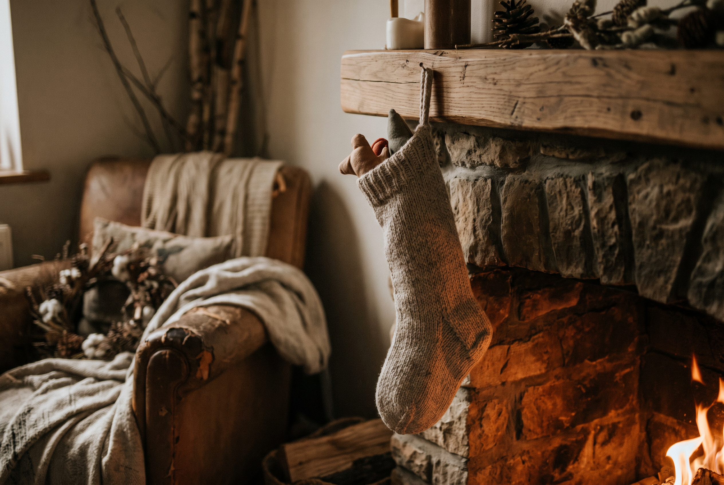 A knit stocking with a teddy bear peeking out, hung by a fireplace