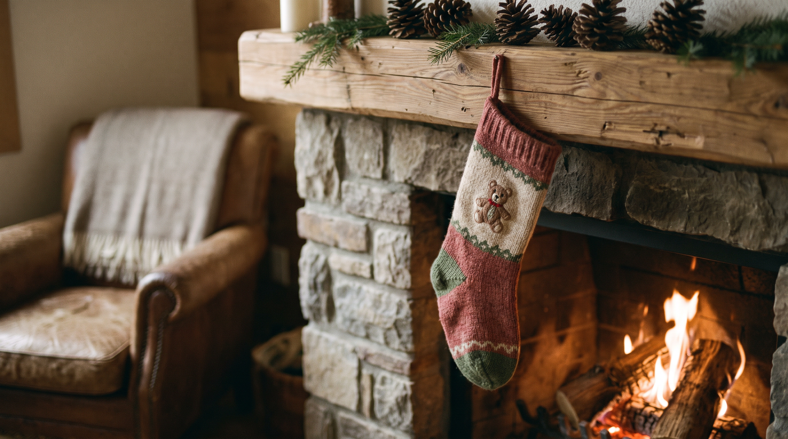 A teddy-bear knit stocking hanging by a stone fireplace