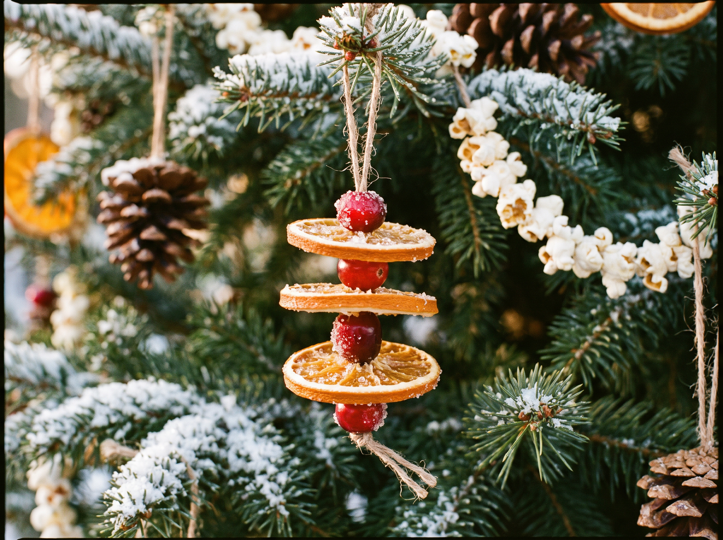 A strung ornament of dried orange slices and cranberries on a snowy tree