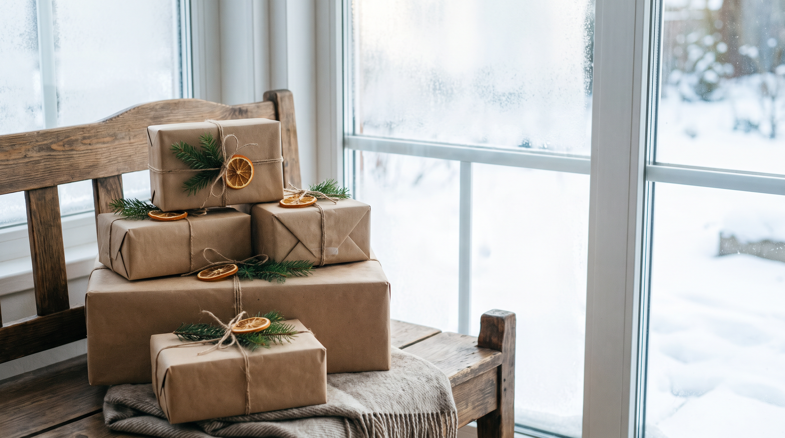 Wrapped gifts stacked in a snowy window with dried orange slices and greenery