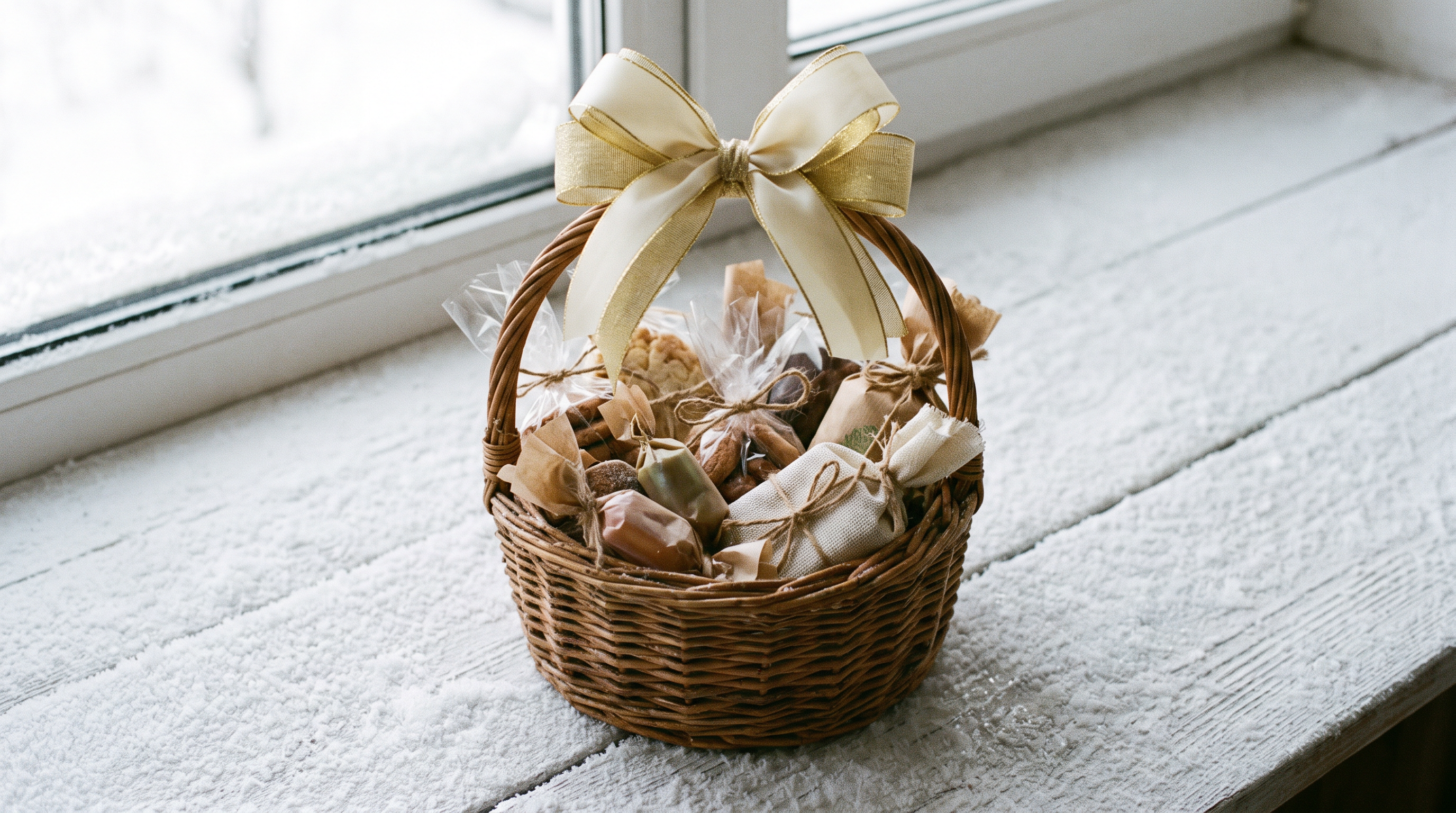 A gift basket of homemade treats tied with a gold ribbon