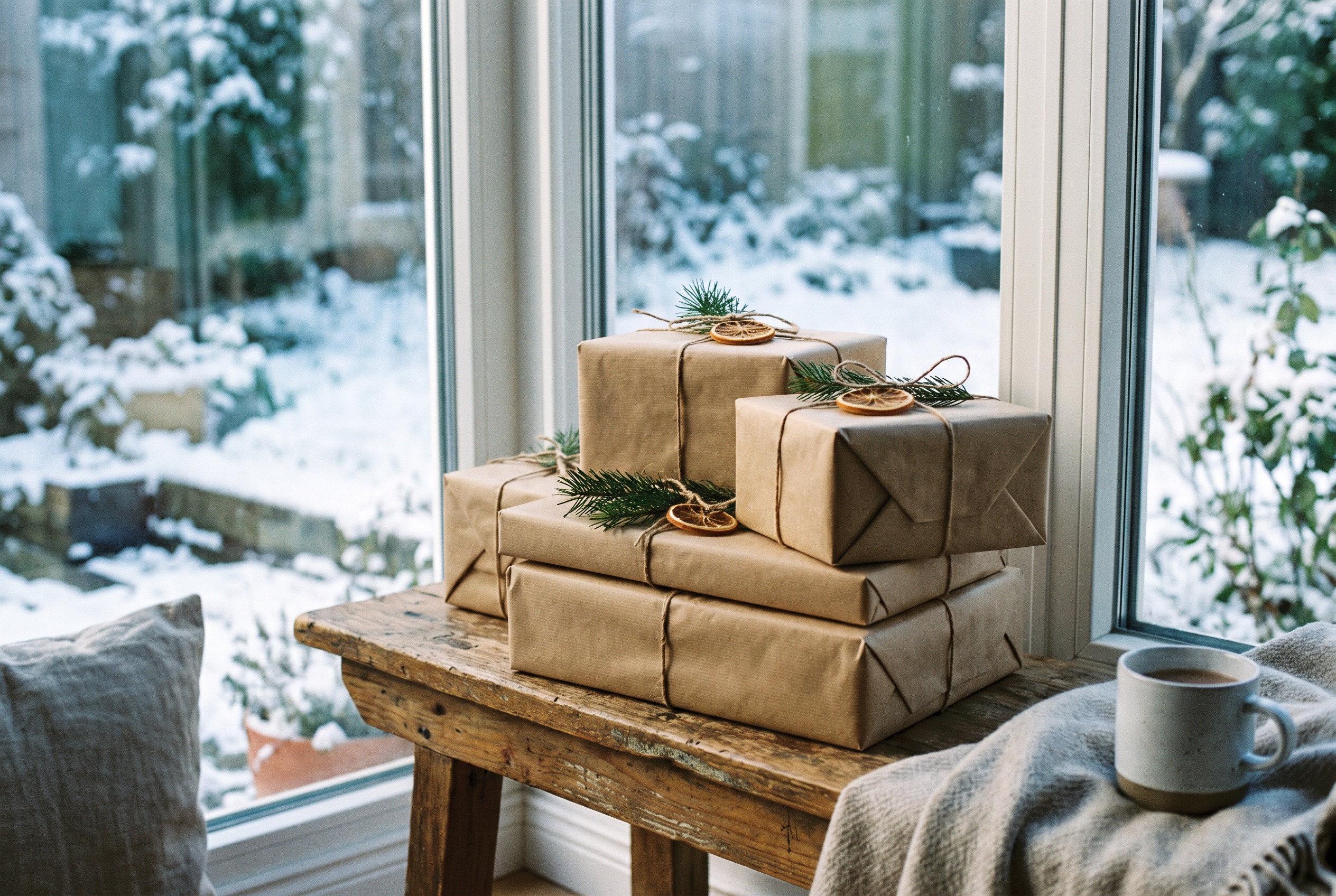 Stacked wrapped gifts by a frosted window