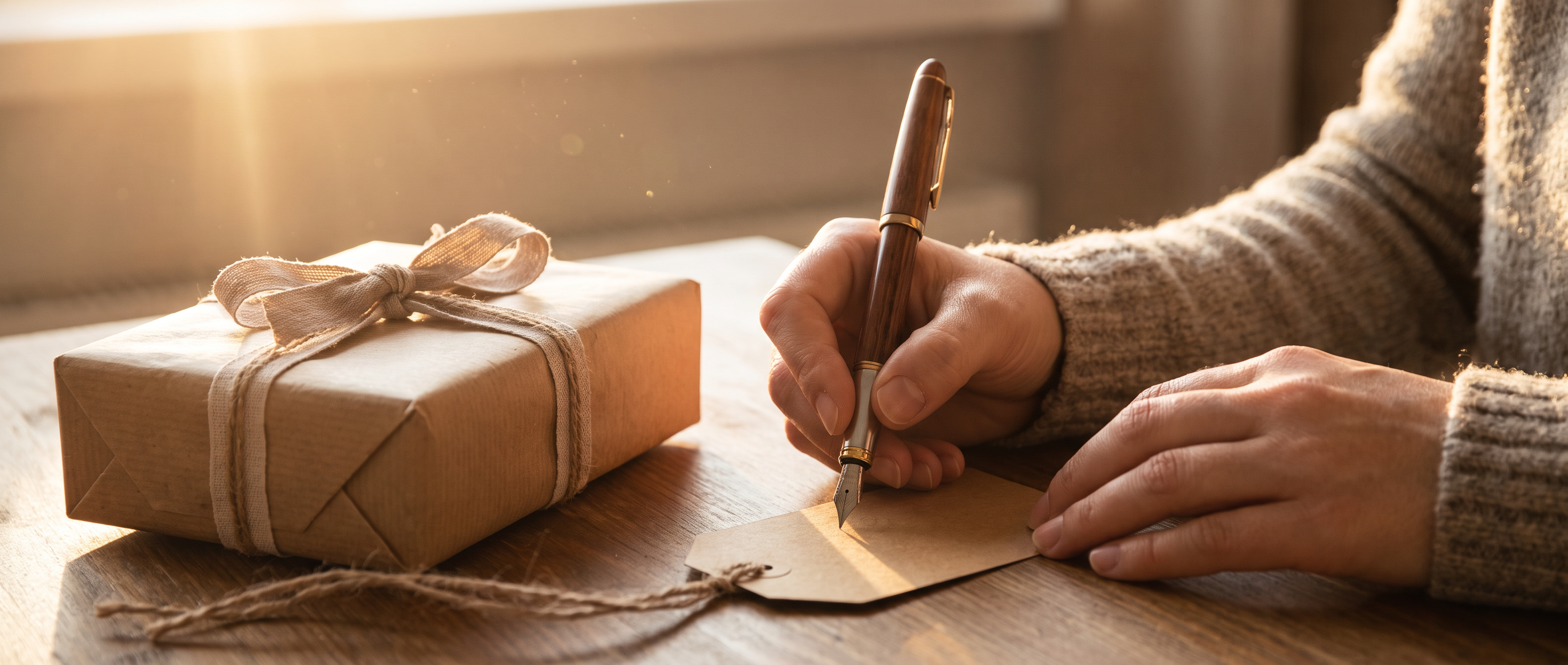Writing a gift tag with a fountain pen beside a wrapped gift