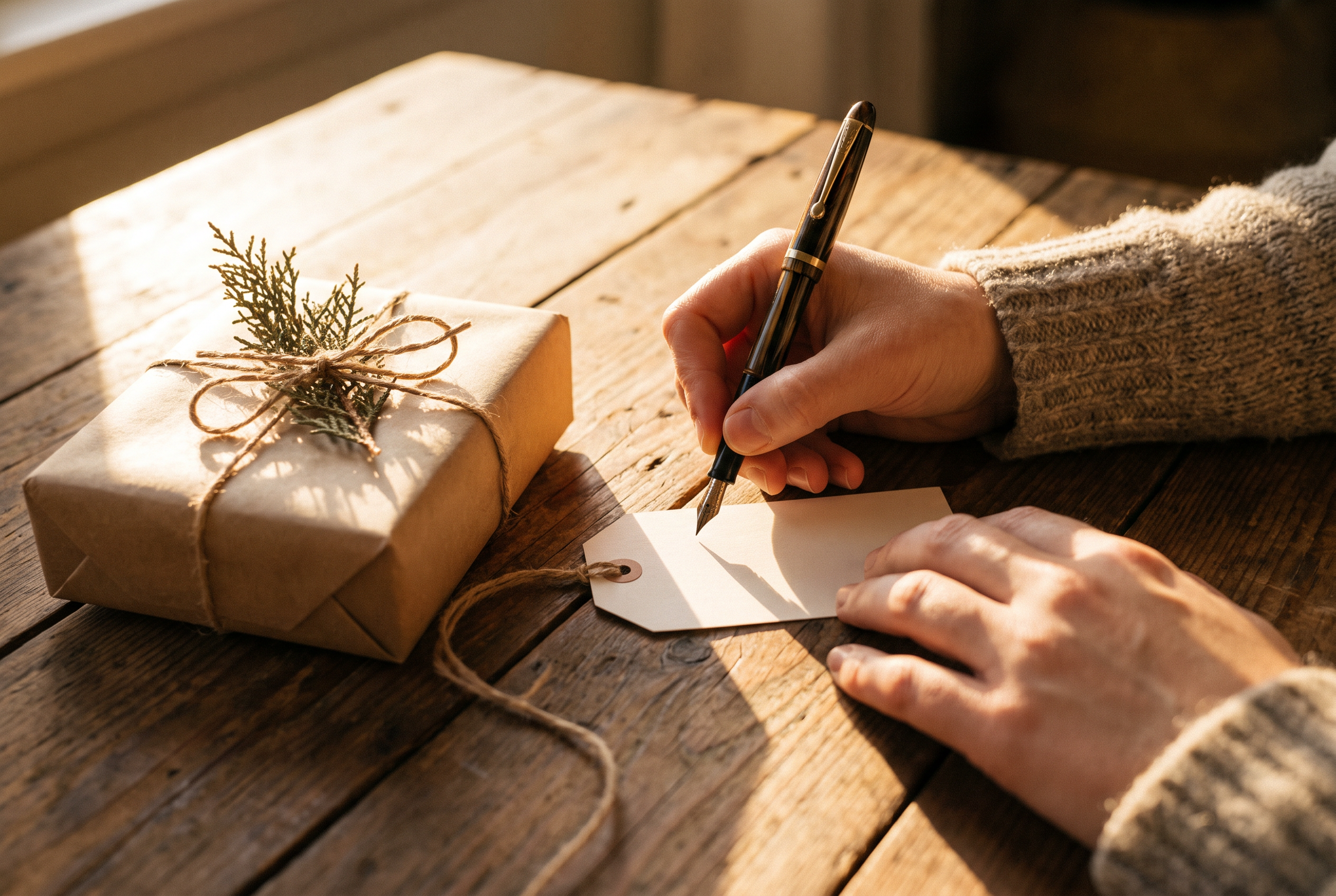 Writing a gift tag on a rustic wood table