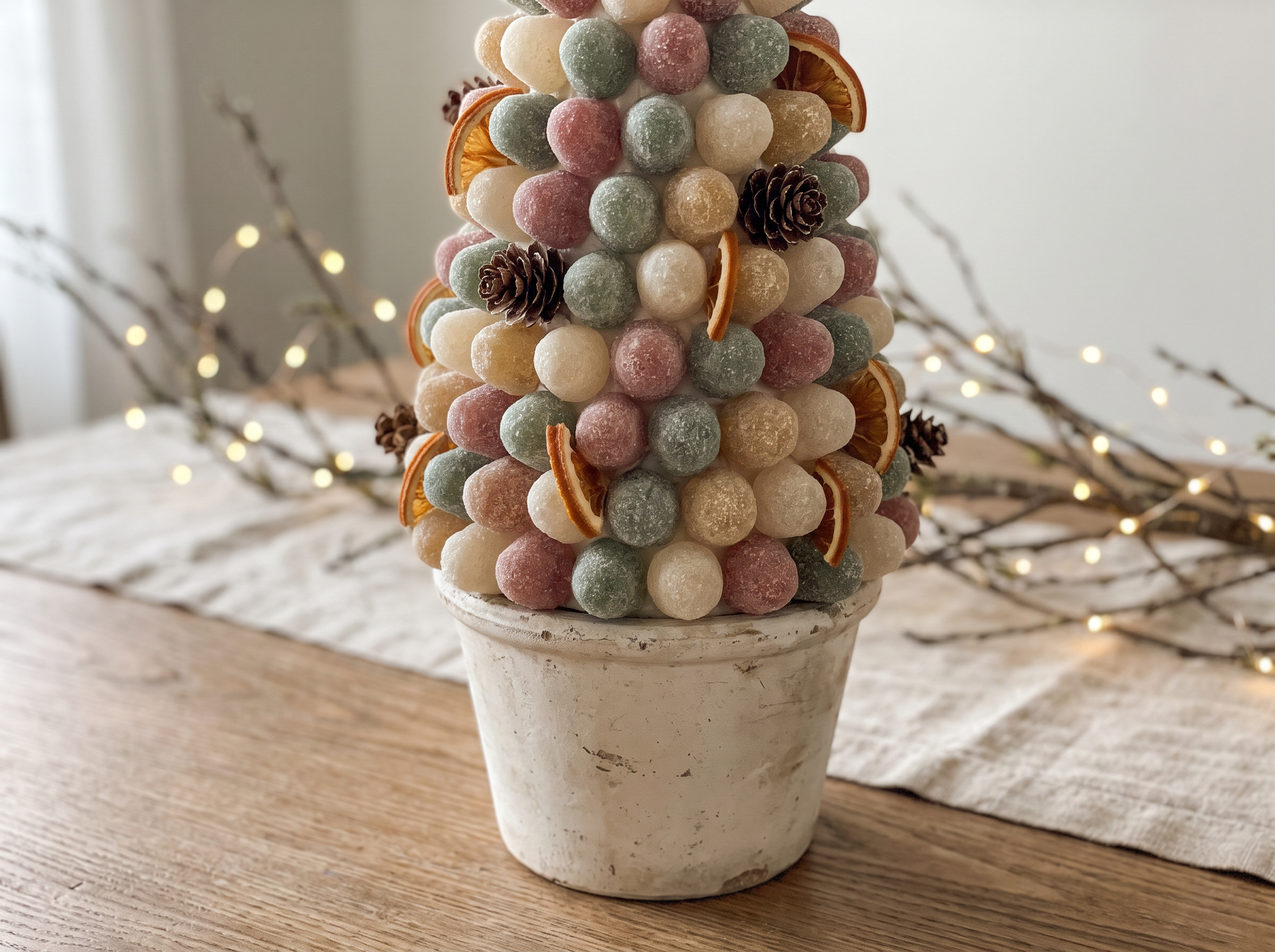 A cone-shaped centerpiece covered in colorful gumdrops