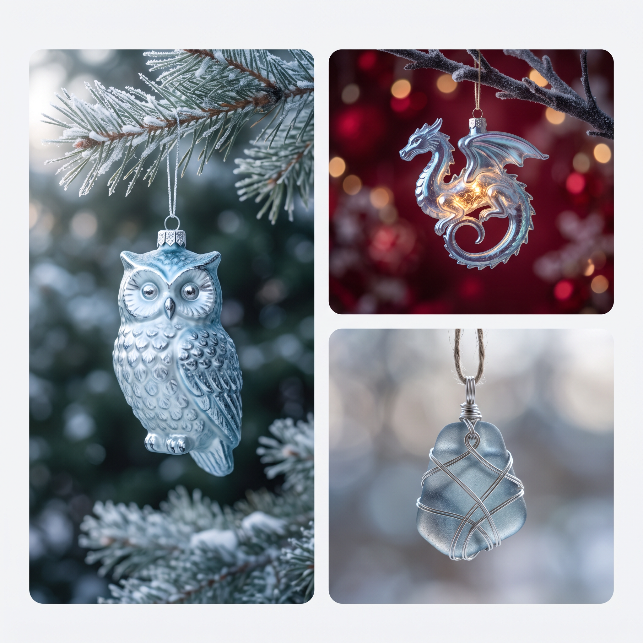 Owl, dragon and sea glass Christmas ornaments