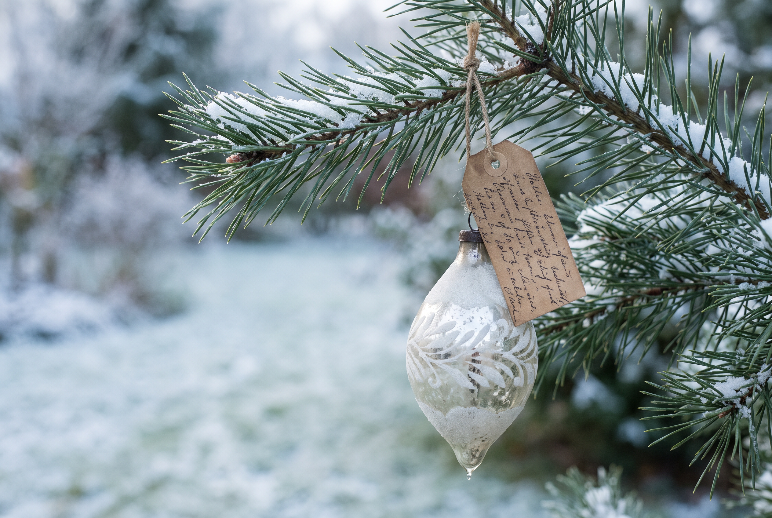 A glass ornament with a handwritten gift tag on a snowy pine branch