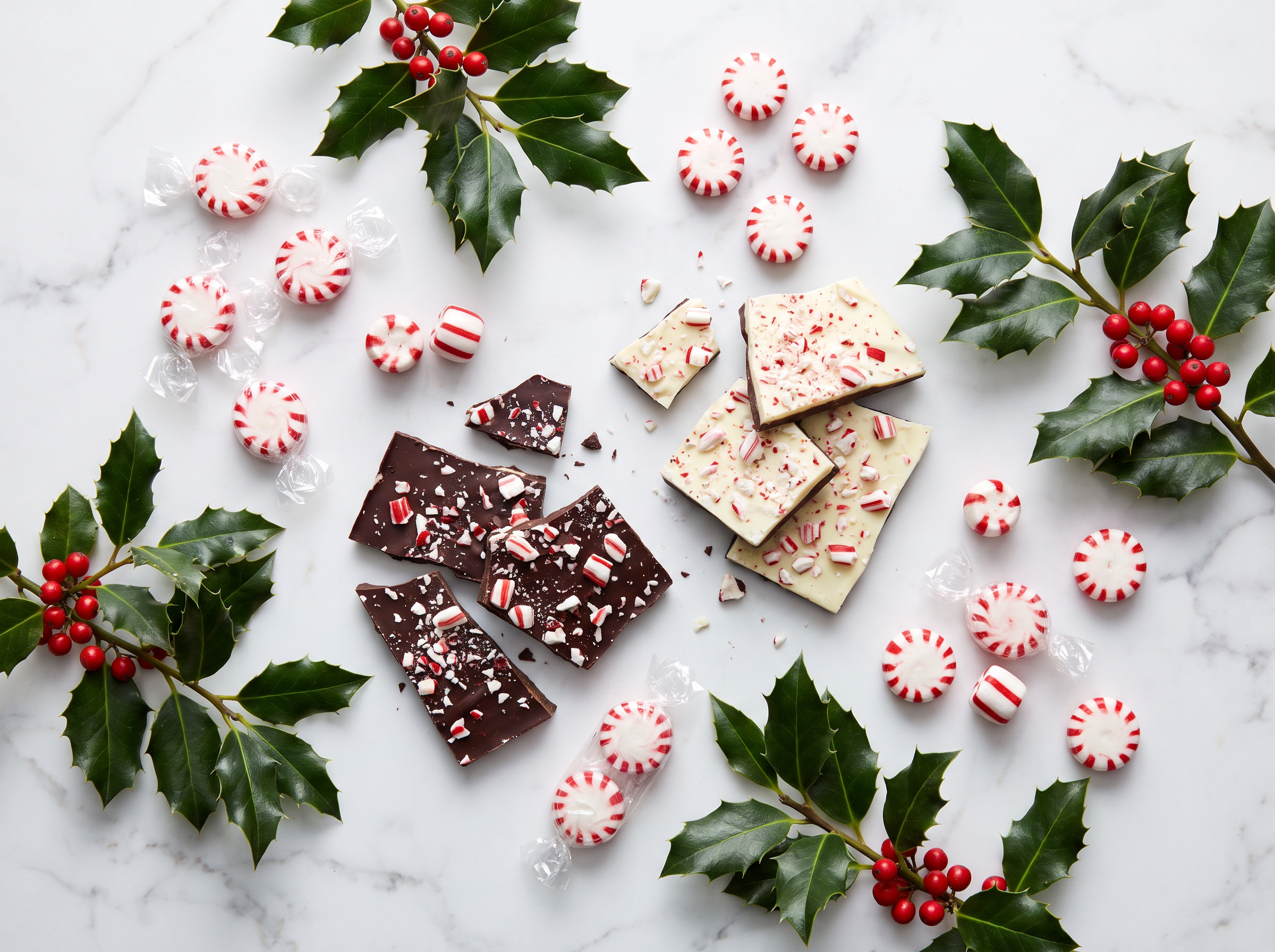 Peppermint bark and candies on a marble counter
