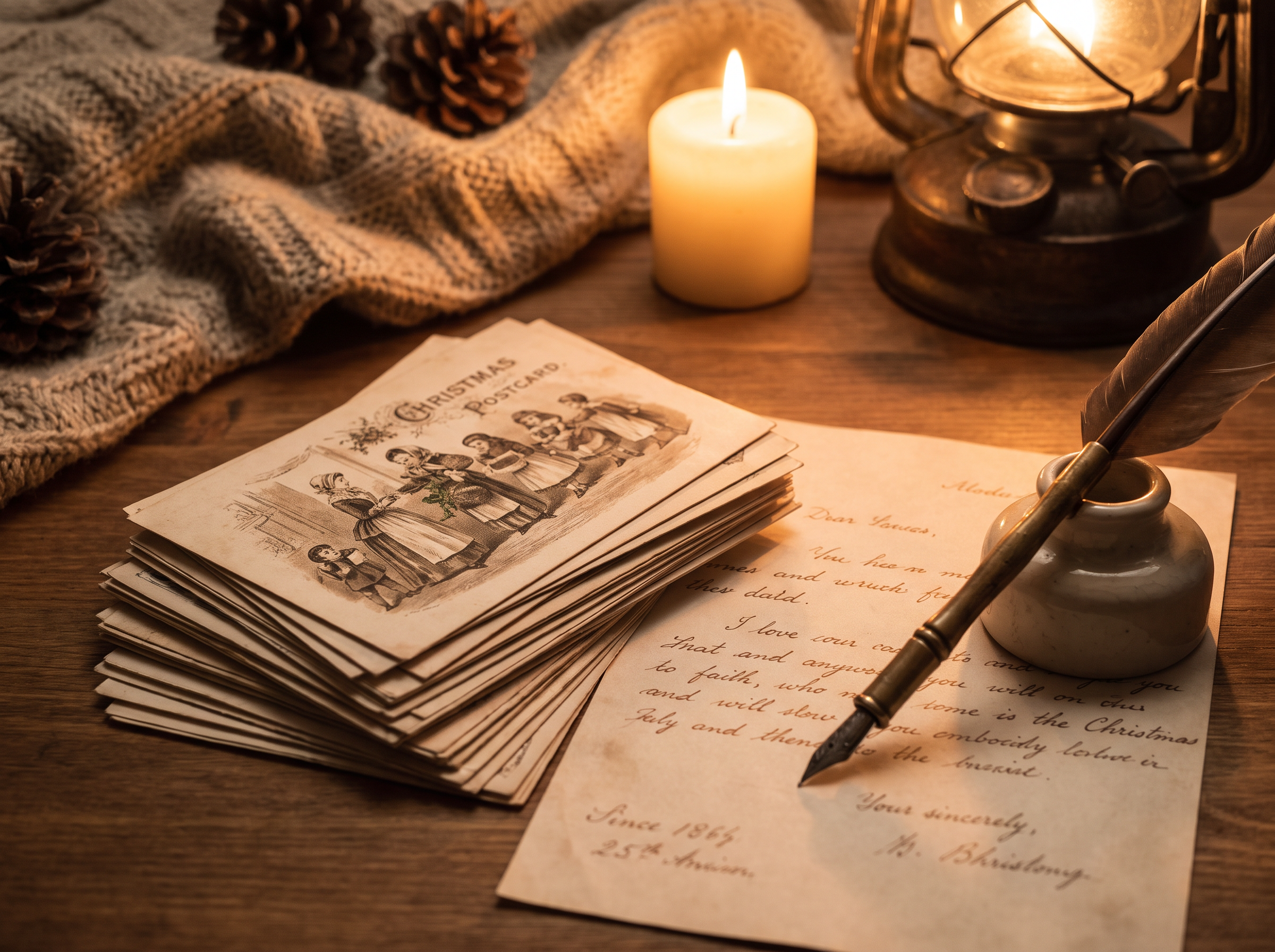 A stack of vintage Christmas postcards beside a handwritten letter