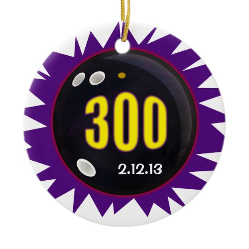300 Game Bowling with Date, Ceramic Ornament