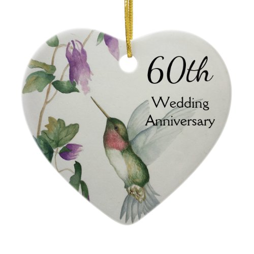 60th Anniversary Pretty Bird Flowers Heart Ceramic Ornament