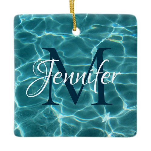 Aqua Teal and White Swimming Pool Photo Monogram Ceramic Ornament