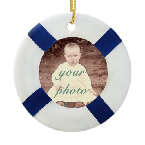 Blue and White Life Preserver Photo Frame Ceramic Ornament