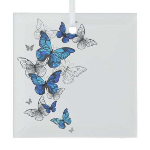 Blue Flying Butterflies Morpho Glass Ornament