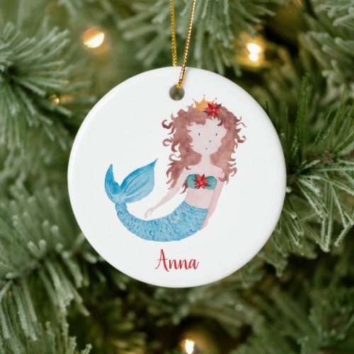 Brunette Mermaid Personalized Little Girl Daughter Ceramic Ornament