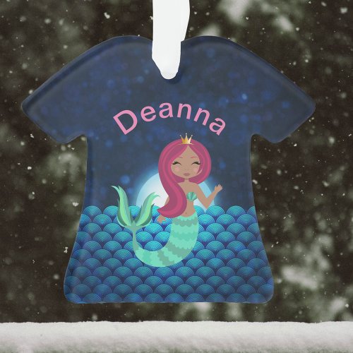 Bubbly Mermaid in Green and Blue in Moonlit Ocean Ornament