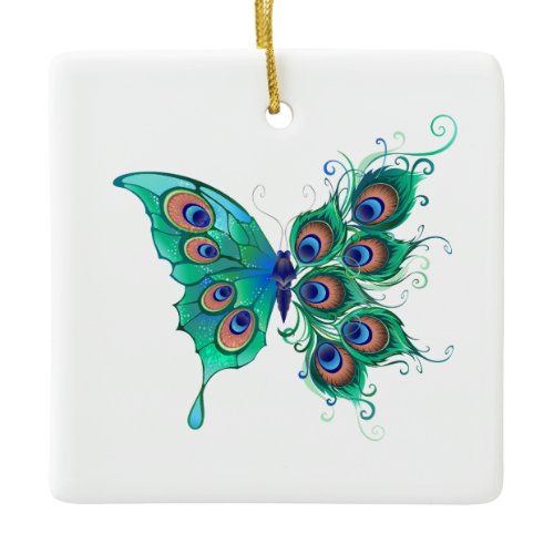 Butterfly with Green Peacock Feathers Ceramic Ornament