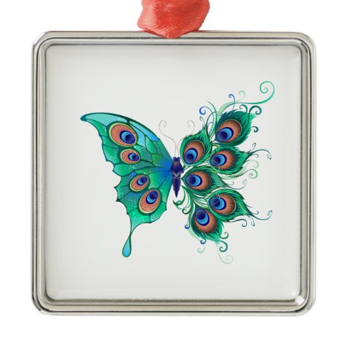 Butterfly with Green Peacock Feathers Metal Ornament