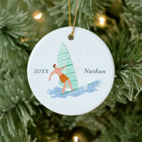 Classic Windsurfing Brunette Surfer Name &amp; Year Ceramic Ornament