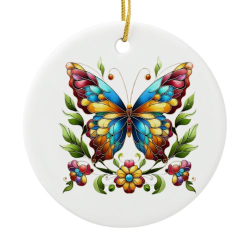 Colorful stained glass butterfly with flowers ceramic ornament