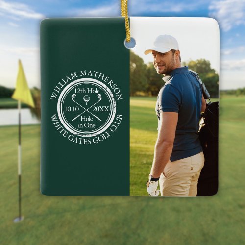 Custom Golf Hole in One Photo Golfer Emerald Ceramic Ornament