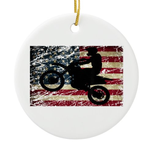 Dirt Bike USA Flag T-Shirt Motocross American Flag Ceramic Ornament