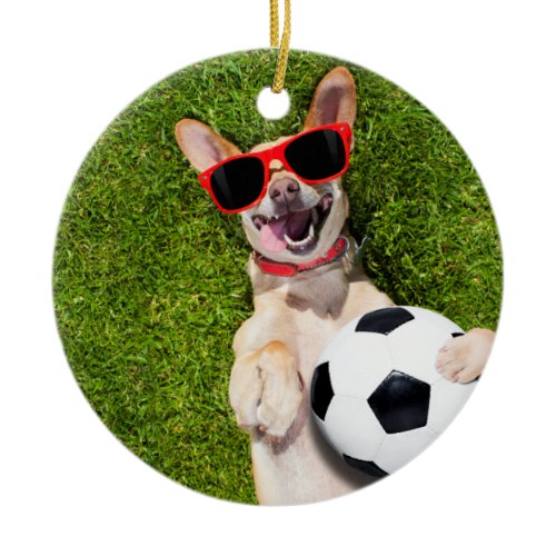 Dog with soccer ball on green Christmas  Ceramic Ornament