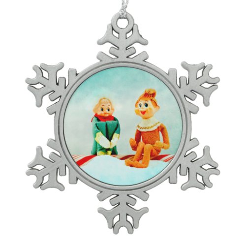 Elf First Date Snowflake Pewter Christmas Ornament
