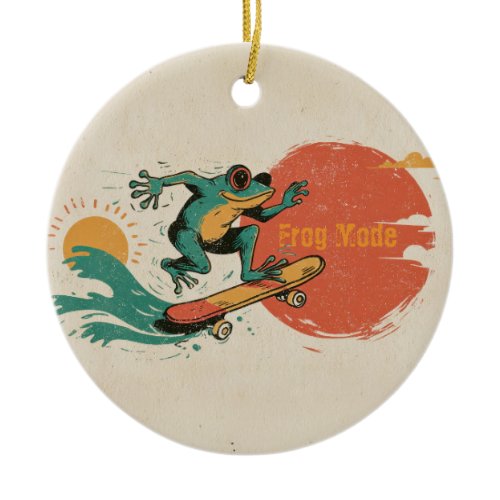 Frog Vibes – Retro Surf Skate Frog Art Ceramic Ornament
