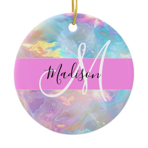 Girly Rainbow Holographic Iridescent Monogram Name Ceramic Ornament