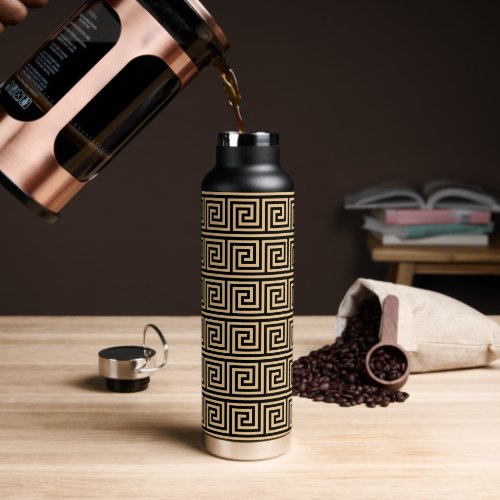 Greek Meander Key Squares Pattern Brown Water Bottle