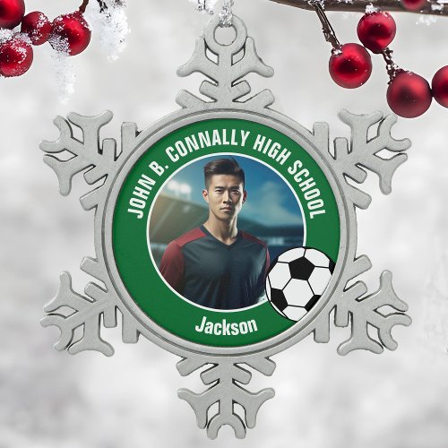 Green Soccer Player Photo High School Spirit Snowflake Pewter Christmas Ornament
