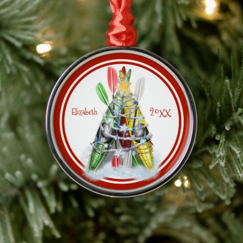 Kayaks decorated as Christmas tree personalized Metal Ornament