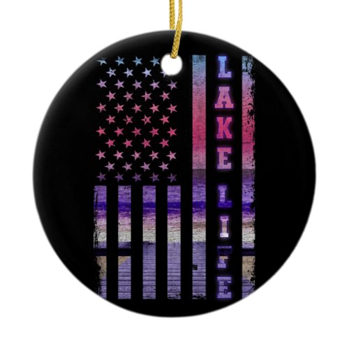 Lake Life American Flag Dock Sunset Wakeboarder Ceramic Ornament
